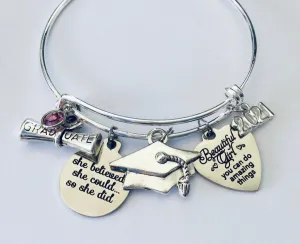 She Believed She Could So She Did Graduation Gift for Girls Personalized Expandable Charm Bracelet Adjustable Silver Bangle