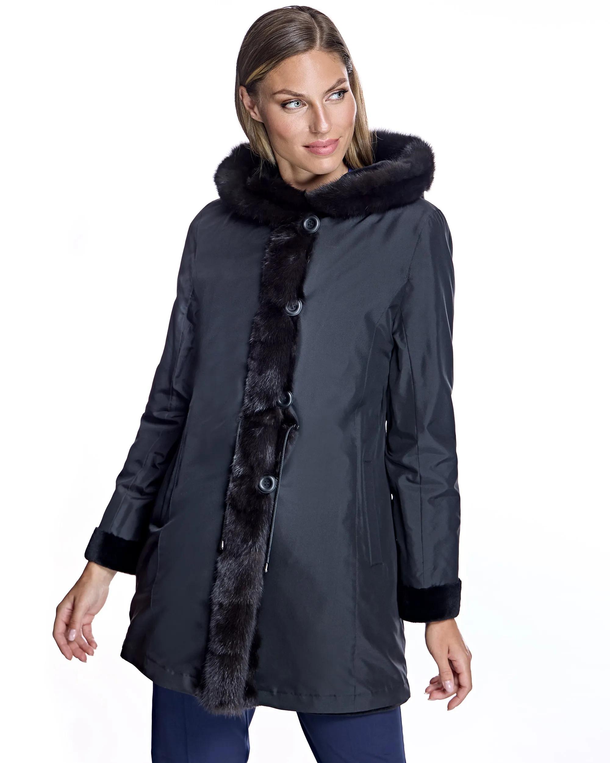 SHEARED MINK REVERSIBLE COAT WITH SABLE TRIMS