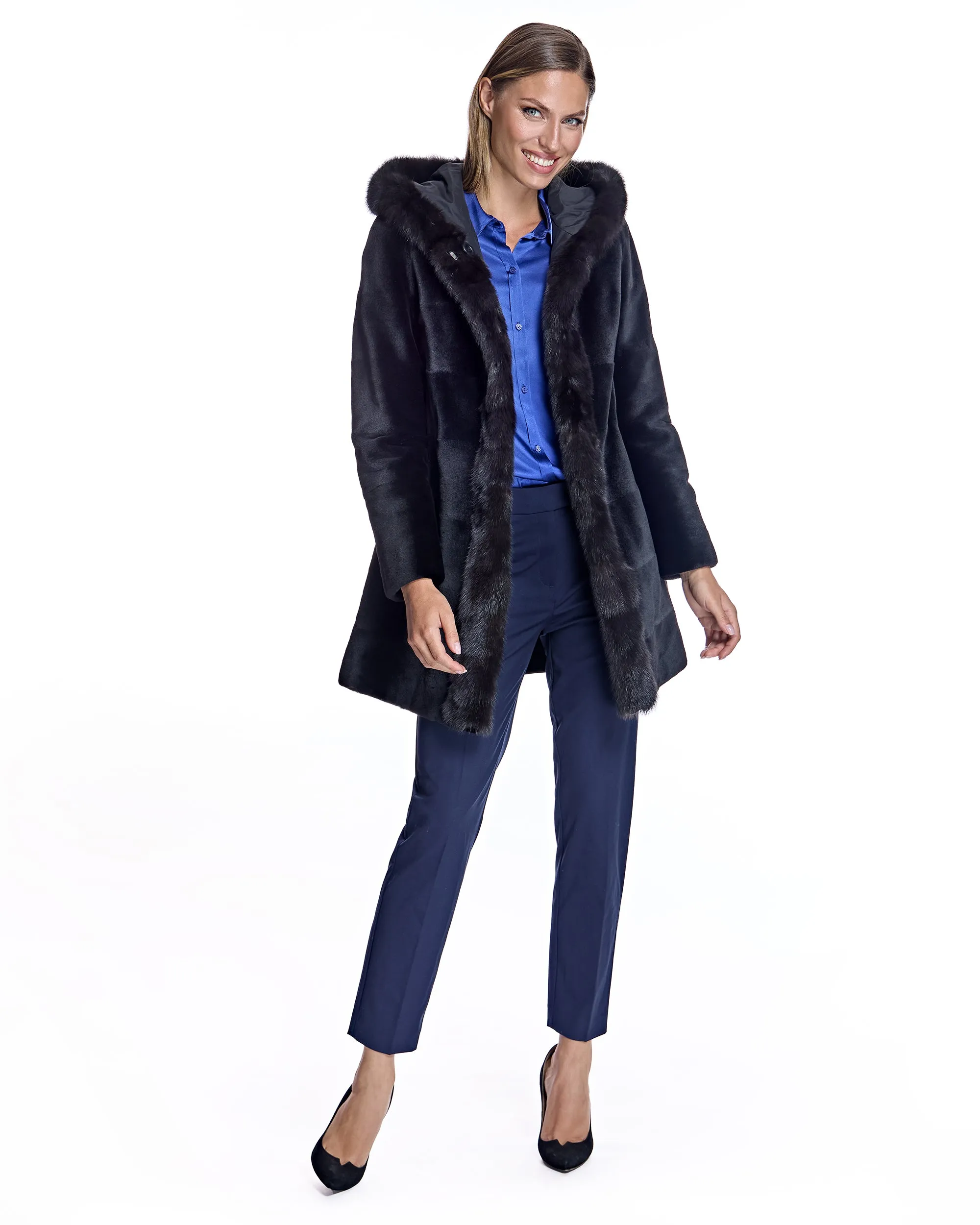 SHEARED MINK REVERSIBLE COAT WITH SABLE TRIMS