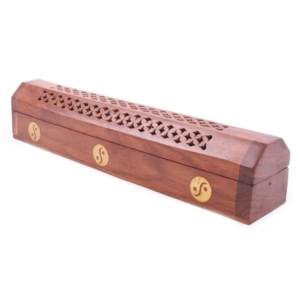 Sheesham Wood Ashcatcher Incense Sticks & Cones Burner Box Box Yin Yang Inlay