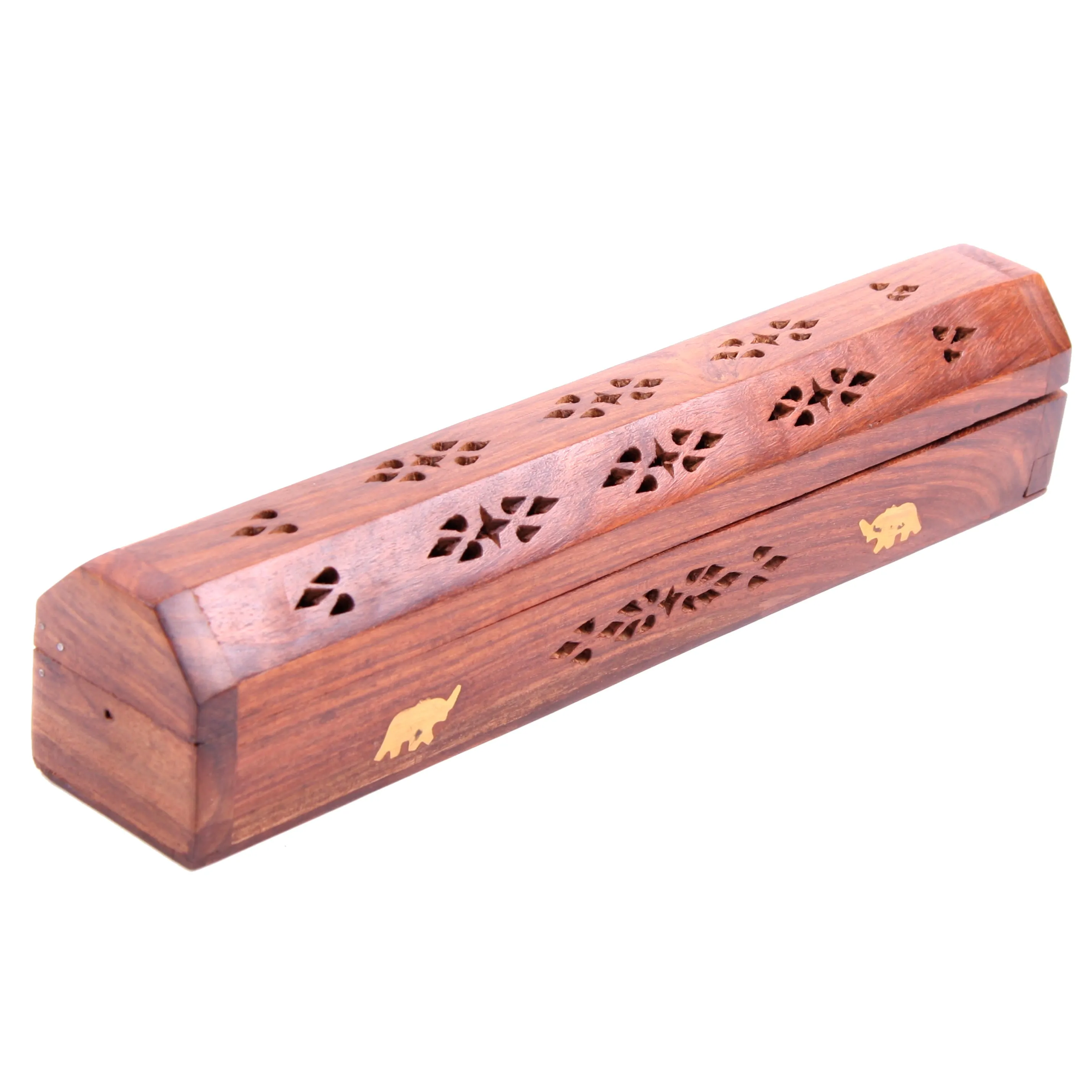 Sheesham Wood Ashcatcher Incense Sticks & Cones Burner Box with Brass Inlay, Elephants