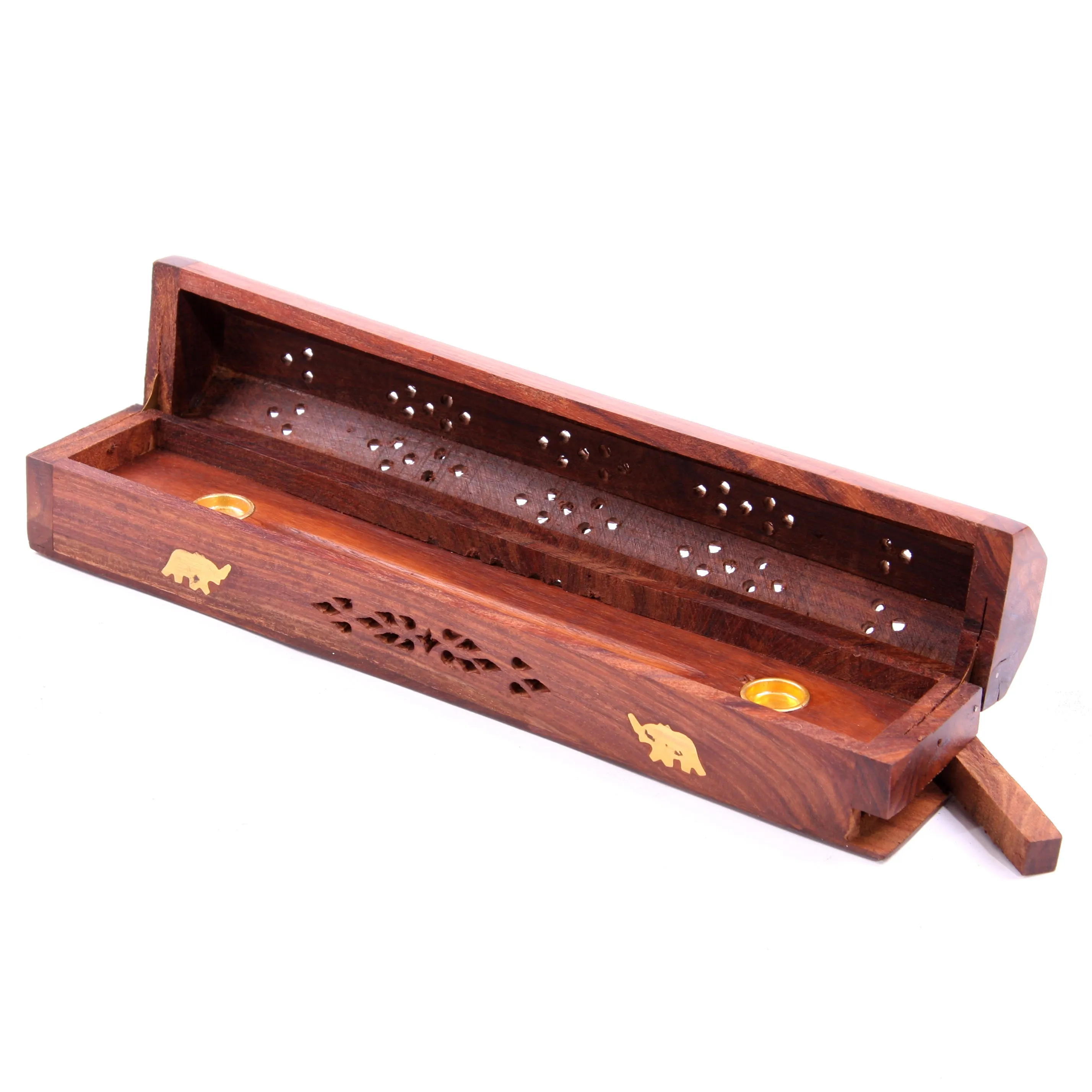 Sheesham Wood Ashcatcher Incense Sticks & Cones Burner Box with Brass Inlay, Elephants