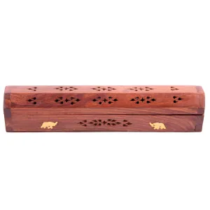 Sheesham Wood Ashcatcher Incense Sticks & Cones Burner Box with Brass Inlay, Elephants