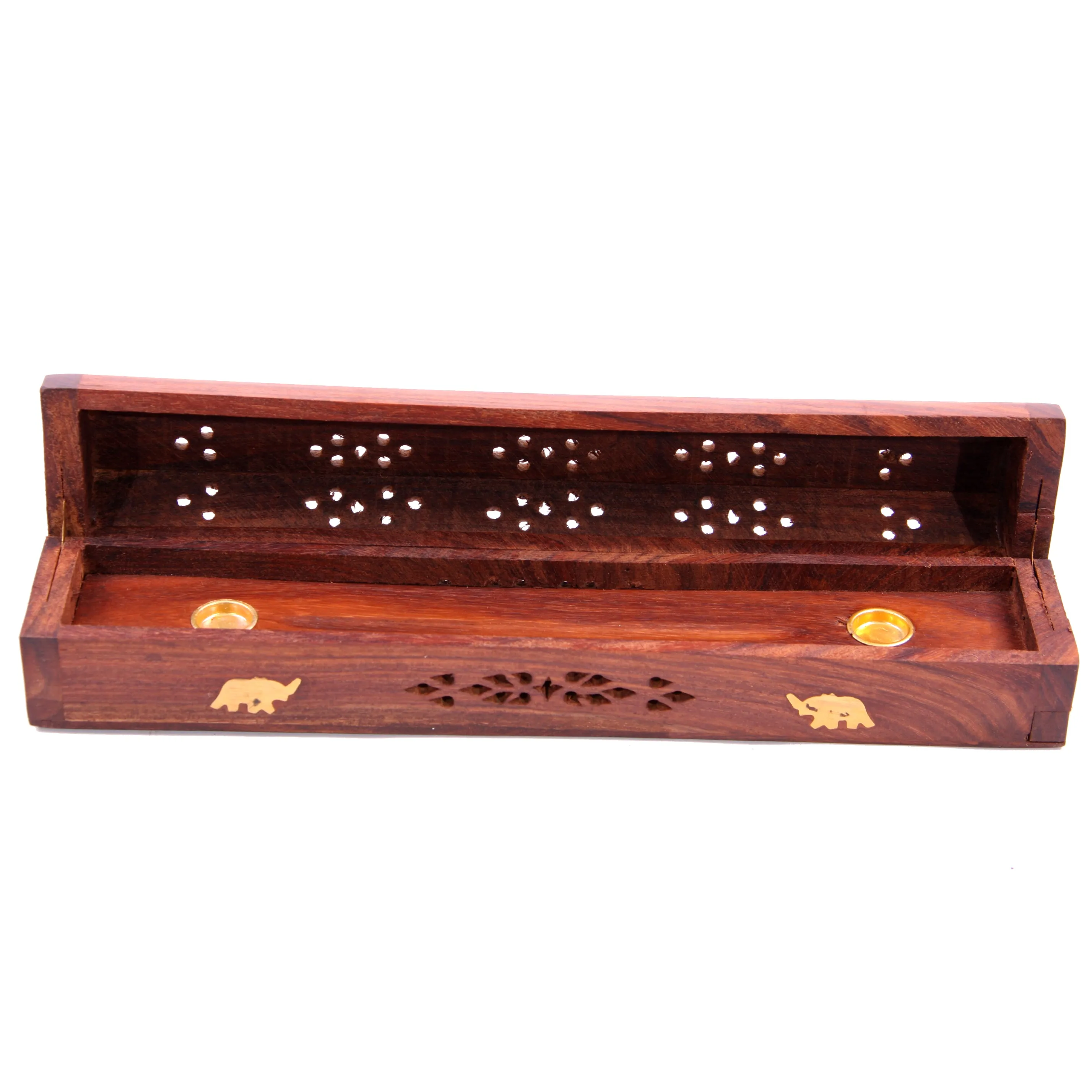 Sheesham Wood Ashcatcher Incense Sticks & Cones Burner Box with Brass Inlay, Elephants