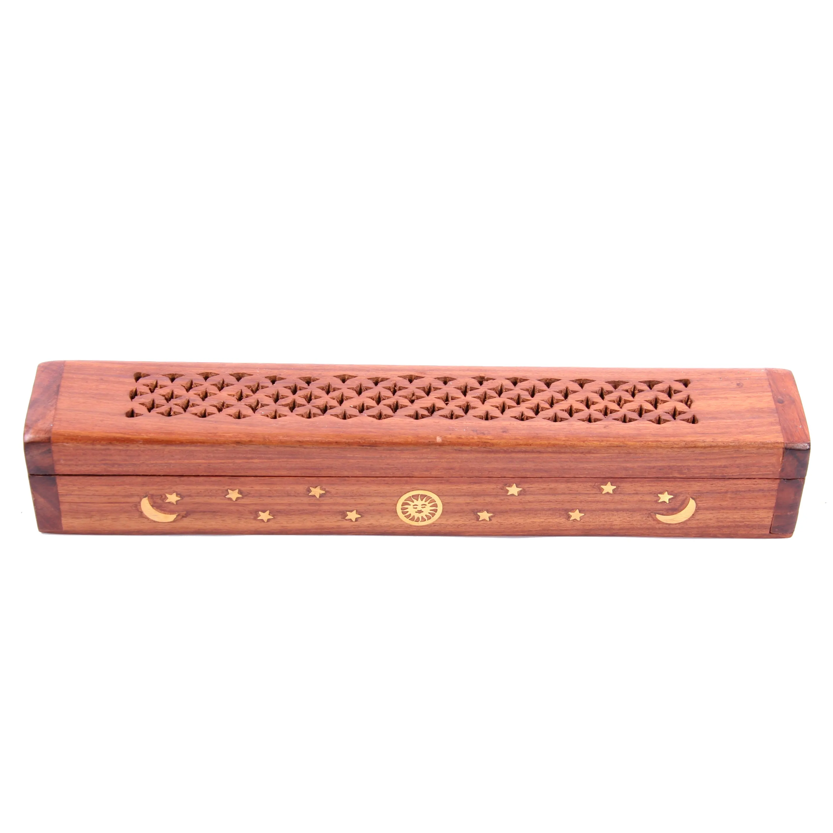 Sheesham Wood Ashcatcher Incense Sticks & Cones Burner Box with Brass Inlay, Sun, Moon & Stars