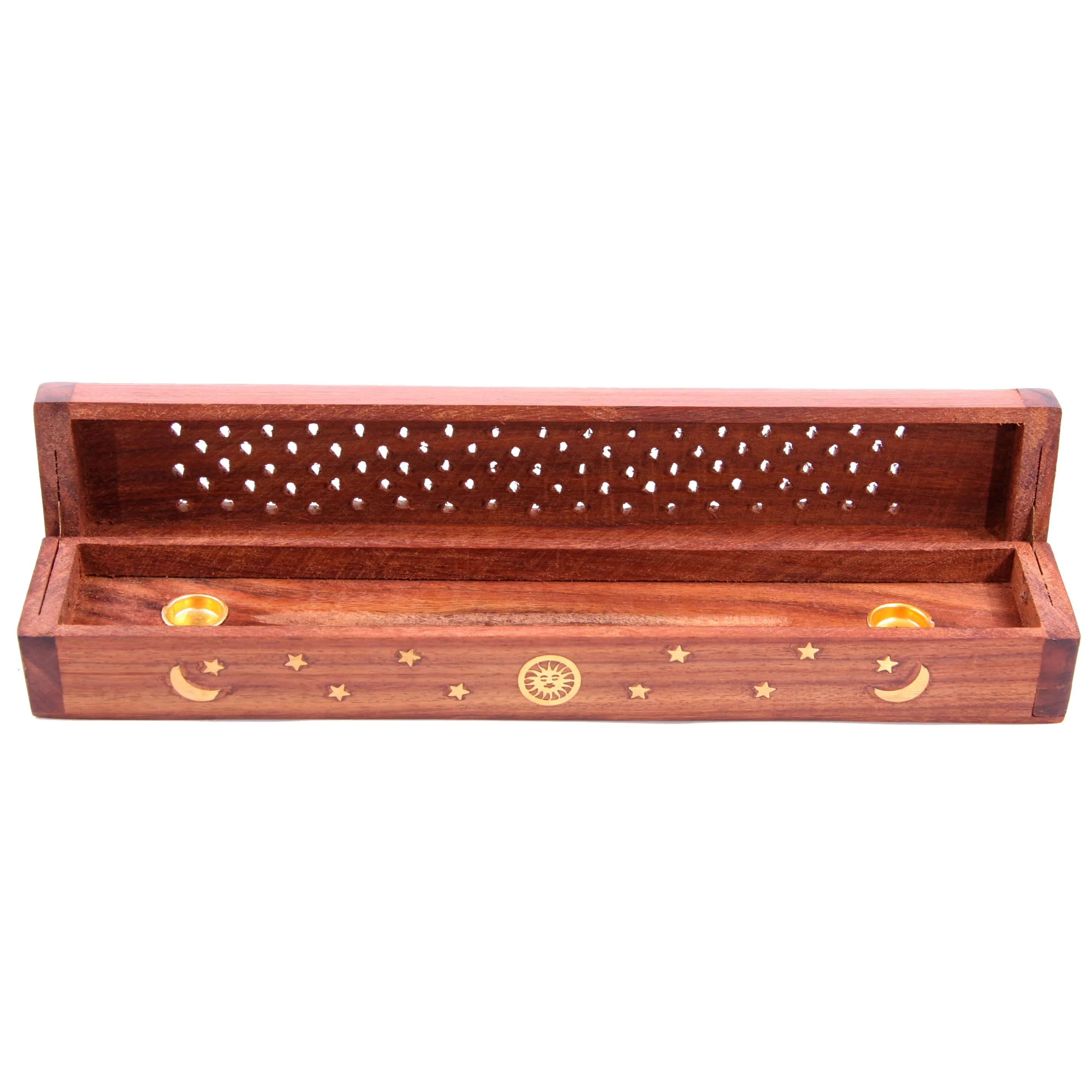 Sheesham Wood Ashcatcher Incense Sticks & Cones Burner Box with Brass Inlay, Sun, Moon & Stars