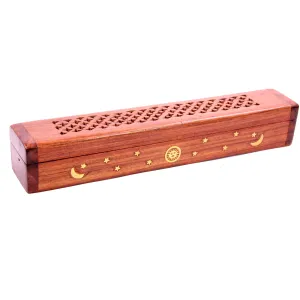 Sheesham Wood Ashcatcher Incense Sticks & Cones Burner Box with Brass Inlay, Sun, Moon & Stars