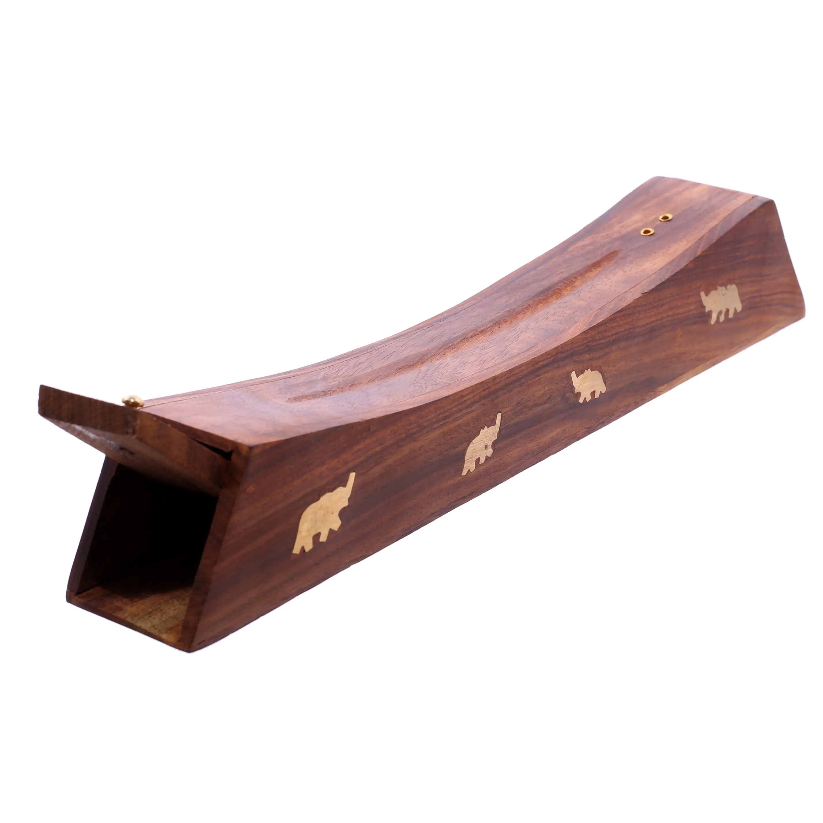 Sheesham Wood Ashcatcher Incense Sticks Burner Box with Elephant Inlay