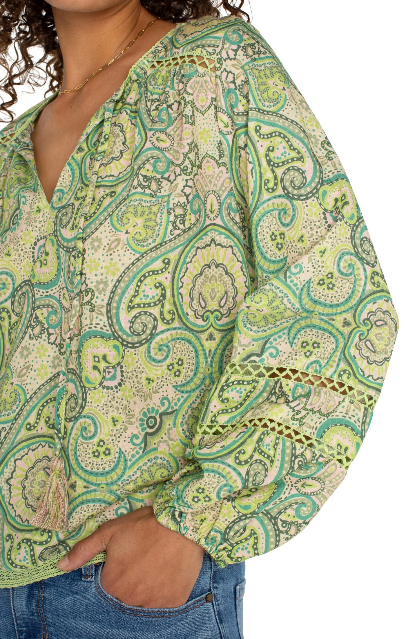 Shirred Long Slv Woven Tie Front Top w Crochet Trim LM8H36EE9P42