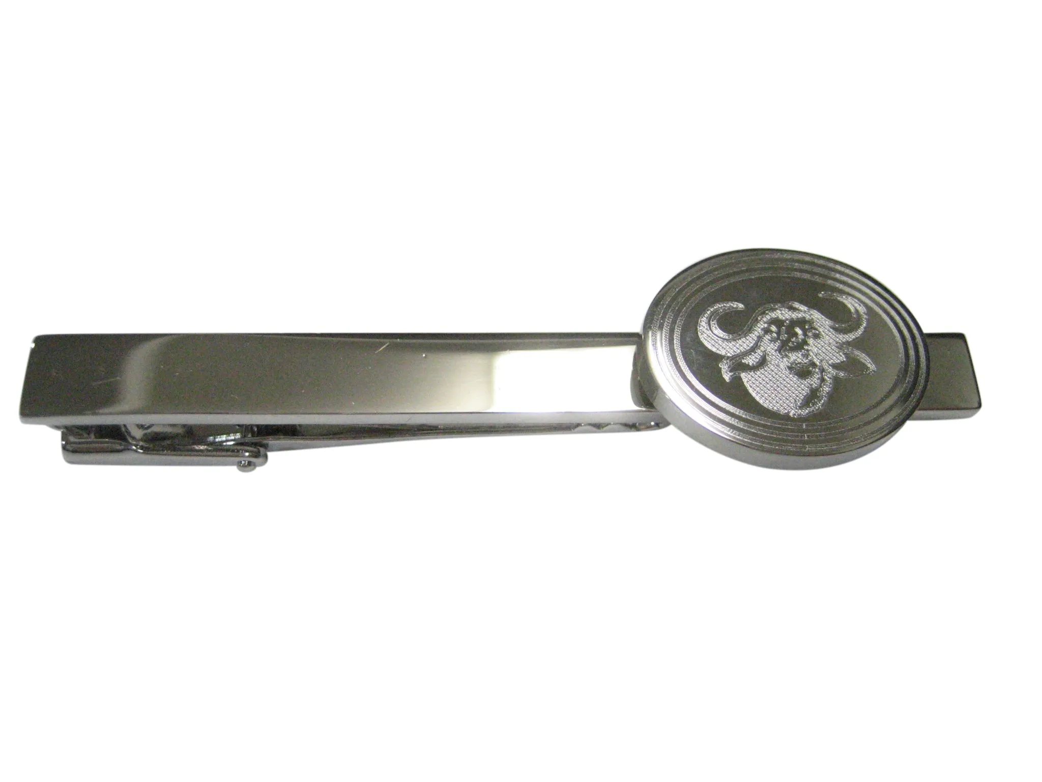Silver Toned Etched Oval African Buffalo Head Tie Clip