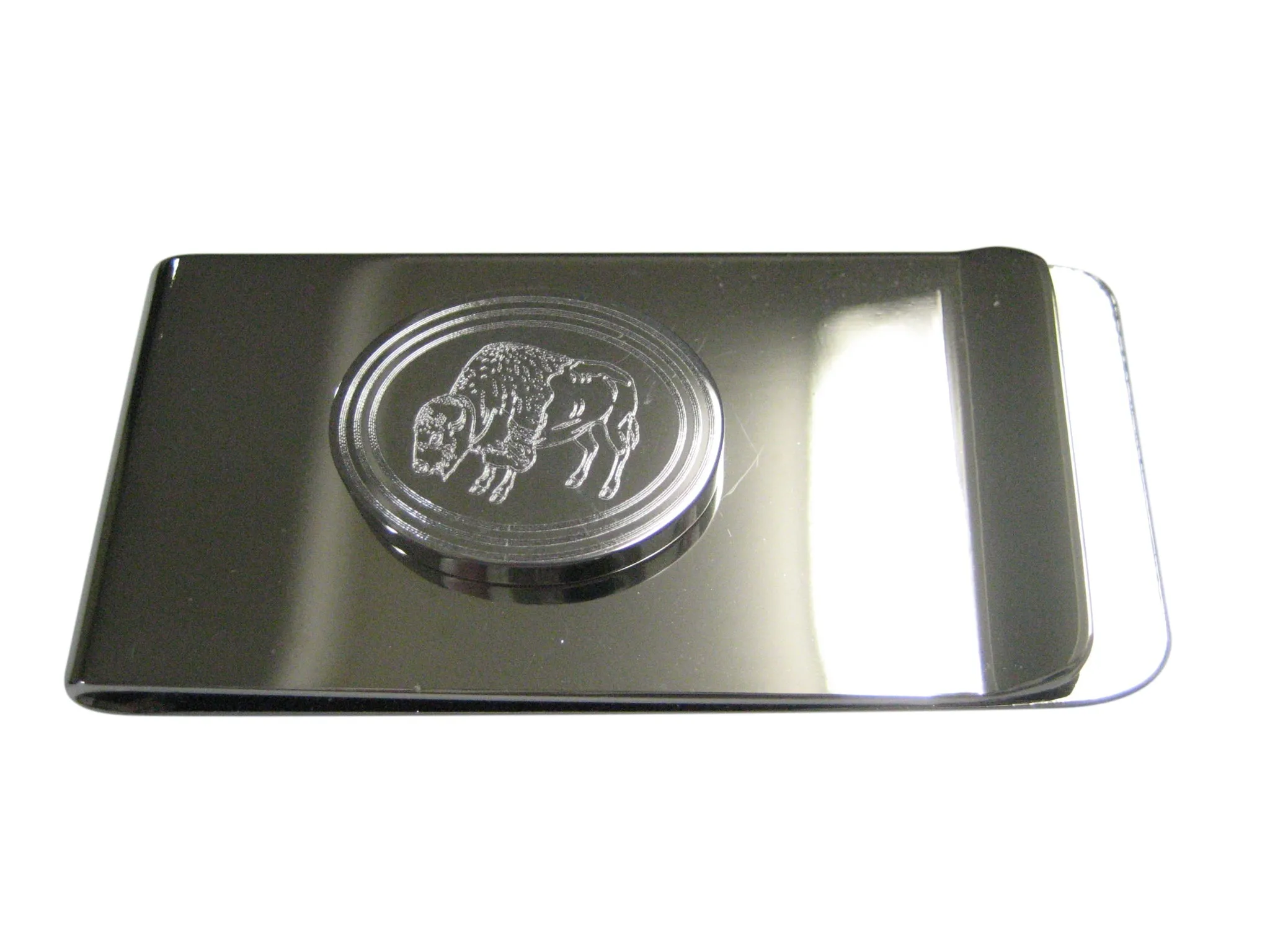 Silver Toned Etched Oval Buffalo Money Clip