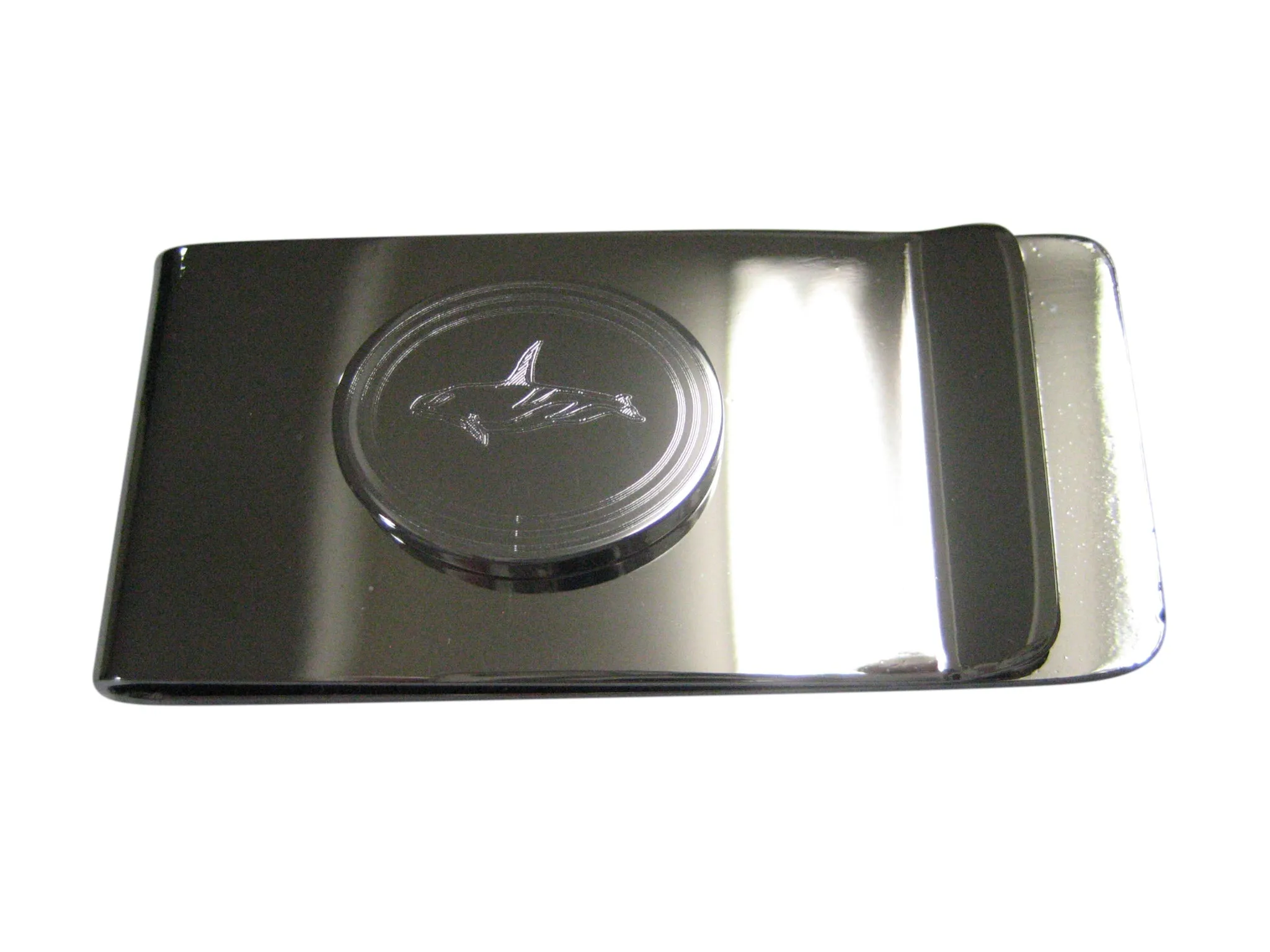 Silver Toned Etched Oval Killer Whale Orca Money Clip