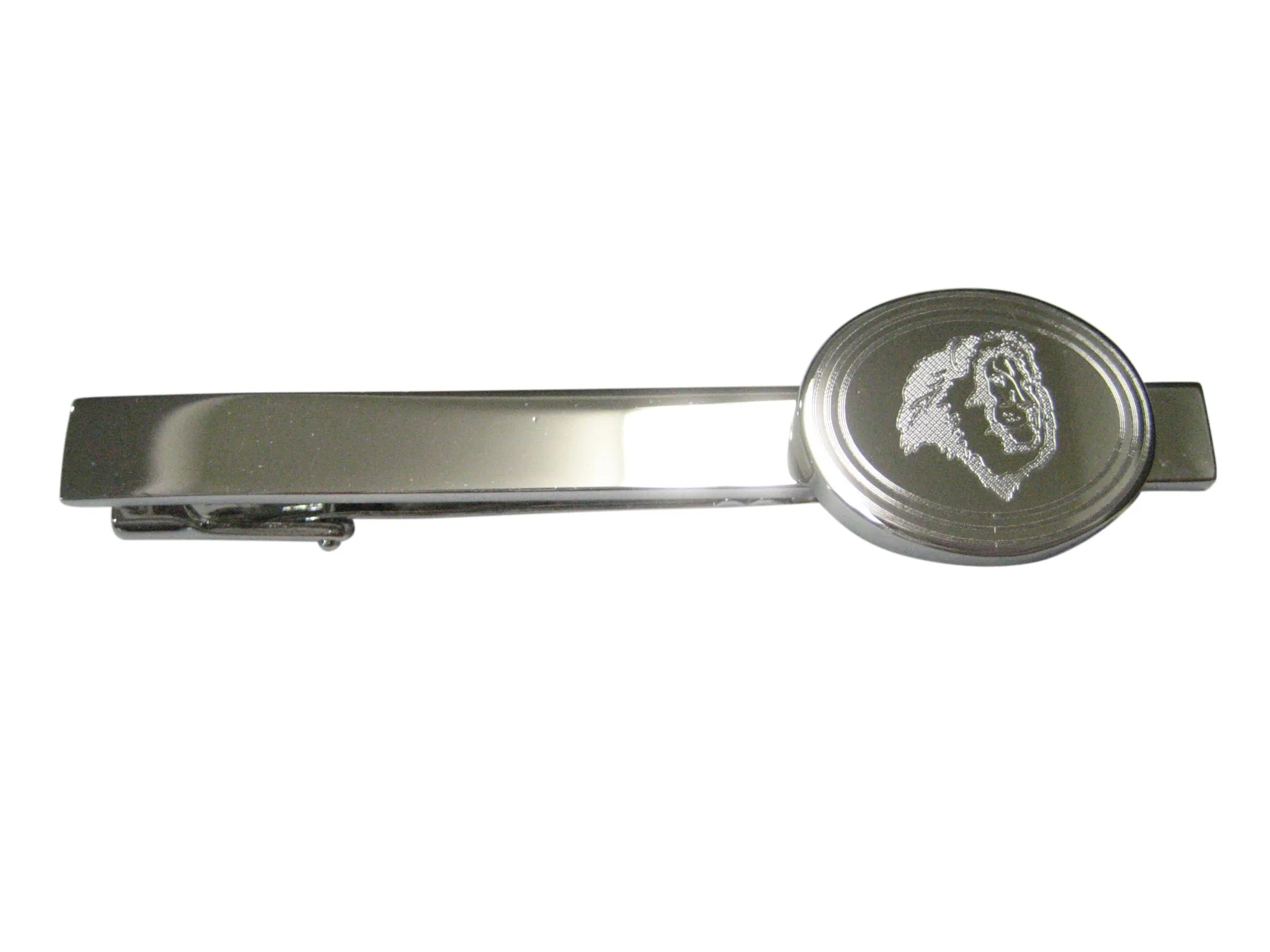 Silver Toned Etched Oval Side Facing Lion Head Tie Clip
