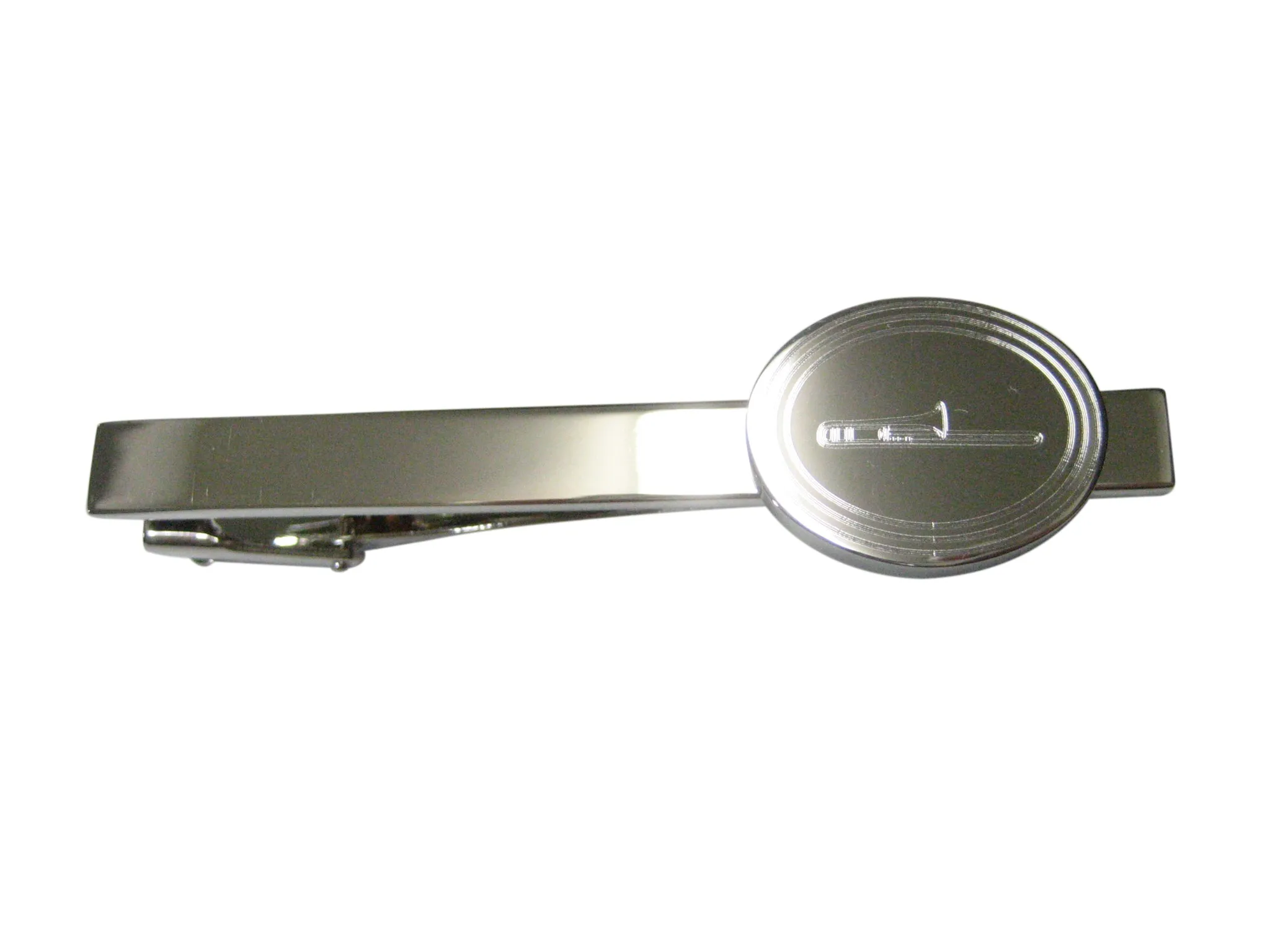 Silver Toned Etched Oval Trombone Music Instrument Tie Clip