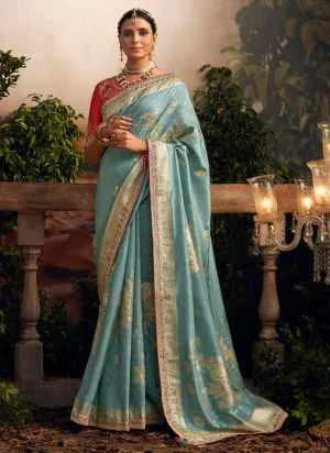 Sky Blue Multi Embroidered Traditional Silk Saree