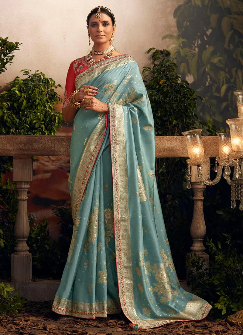 Sky Blue Multi Embroidered Traditional Silk Saree