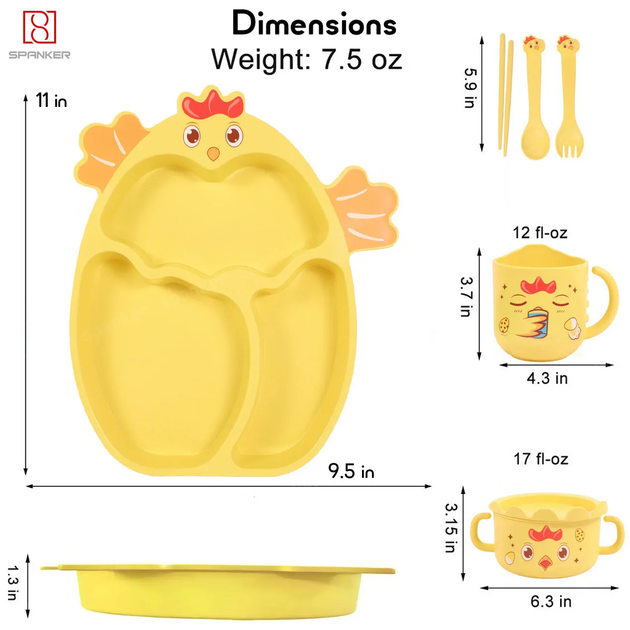 Spanker 7 Piece Mealtime Bamboo Dinnerware for Kids Toddler, Plate and Bowl Set Eco Friendly Dishwasher Safe Great Gift for Birthday - Kuku Cock (Yellow)