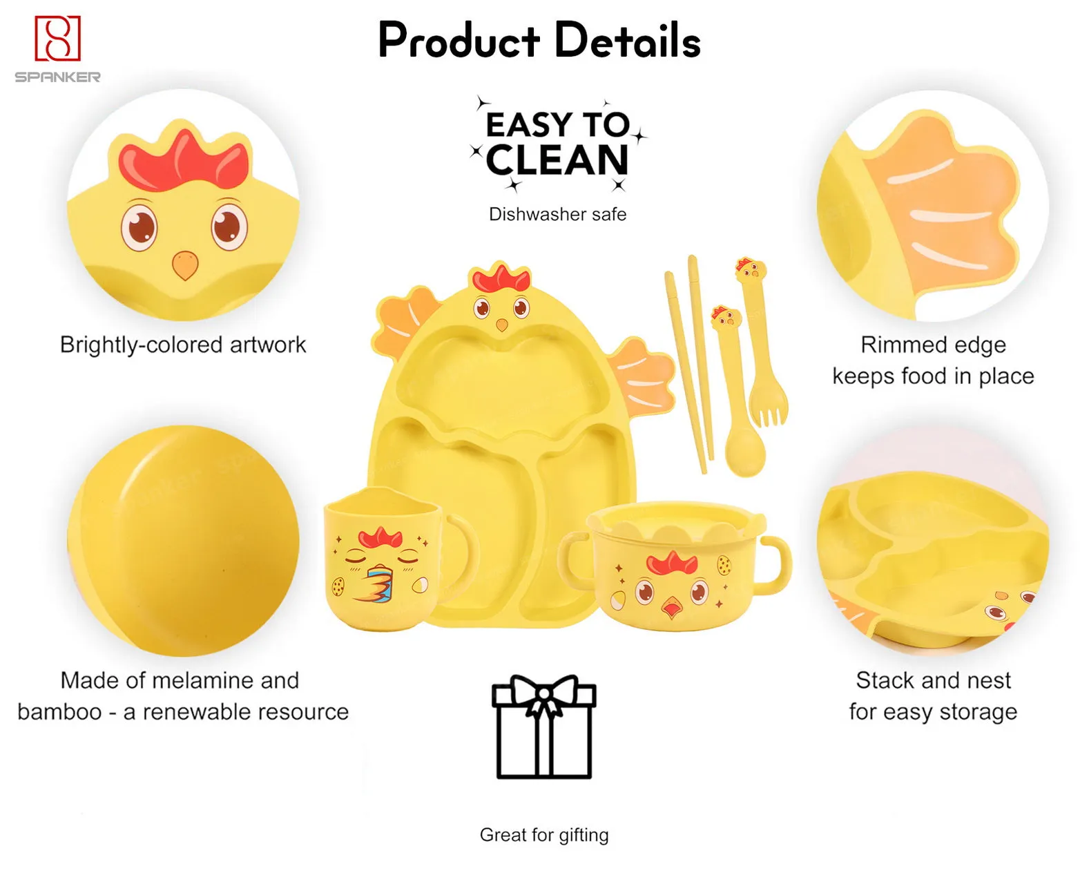 Spanker 7 Piece Mealtime Bamboo Dinnerware for Kids Toddler, Plate and Bowl Set Eco Friendly Dishwasher Safe Great Gift for Birthday - Kuku Cock (Yellow)