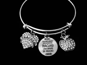 Special Teacher Gift Silver Expandable Charm Bracelet Silver Adjustable Bangle Crystal Apple One Size Fits All