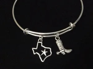 State of Texas with Star and Cowboy Boot Silver Charm on Silver Expandable Adjustable Wire Bangle Bracelet Stacking Handmade Trendy Gift