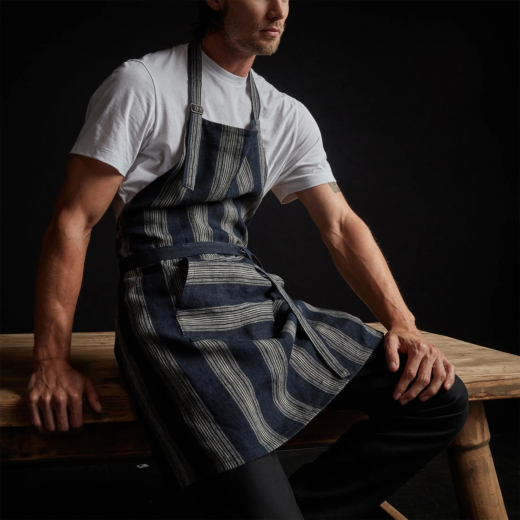 Stripe Chef's Apron With Pocket - Navy Stripe