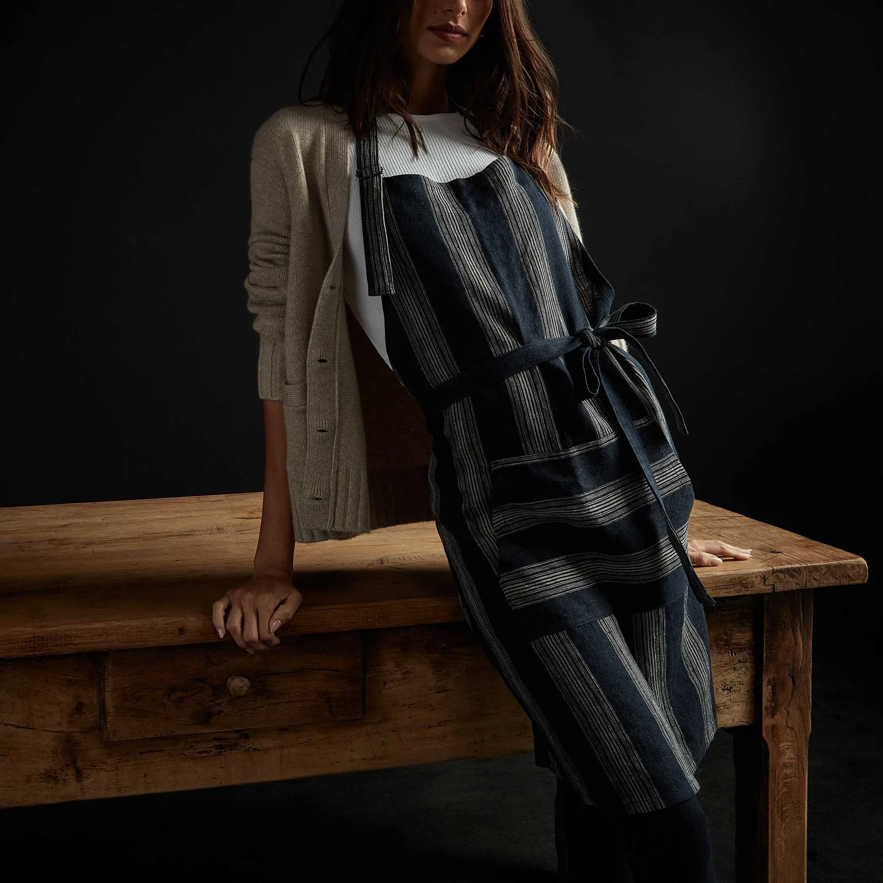 Stripe Chef's Apron With Pocket - Navy Stripe