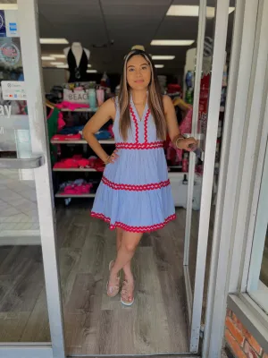 Striped Sleeveless V-Neck Mini Dress Featuring Ric-Rac Trim Detail