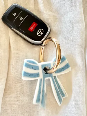 Stripey Bow Resin Keyring - Baby Blue/ White