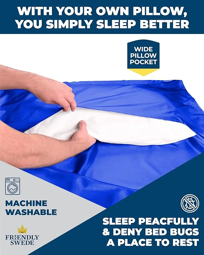 The Friendly Swede Sleeping Bag Liner Ultralight - Thin Travel Sheets for Hotel; Silky Feel Camping Sheets & Adult Sleep Sack for Backpacking and Hiking; Travel Sleeping Bag - Blue (Velcro)