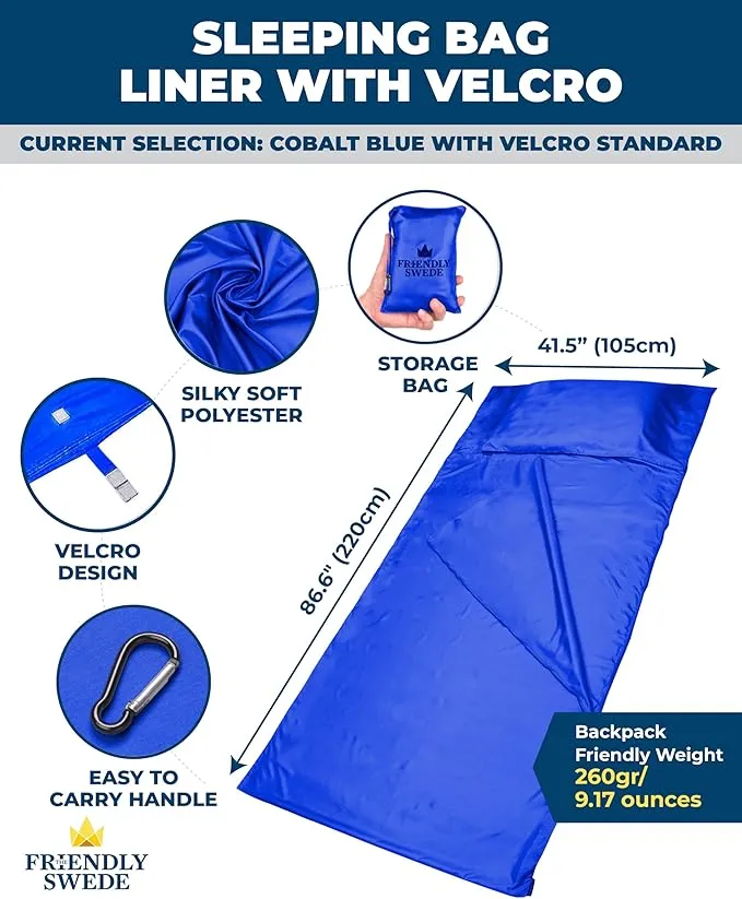 The Friendly Swede Sleeping Bag Liner Ultralight - Thin Travel Sheets for Hotel; Silky Feel Camping Sheets & Adult Sleep Sack for Backpacking and Hiking; Travel Sleeping Bag - Blue (Velcro)
