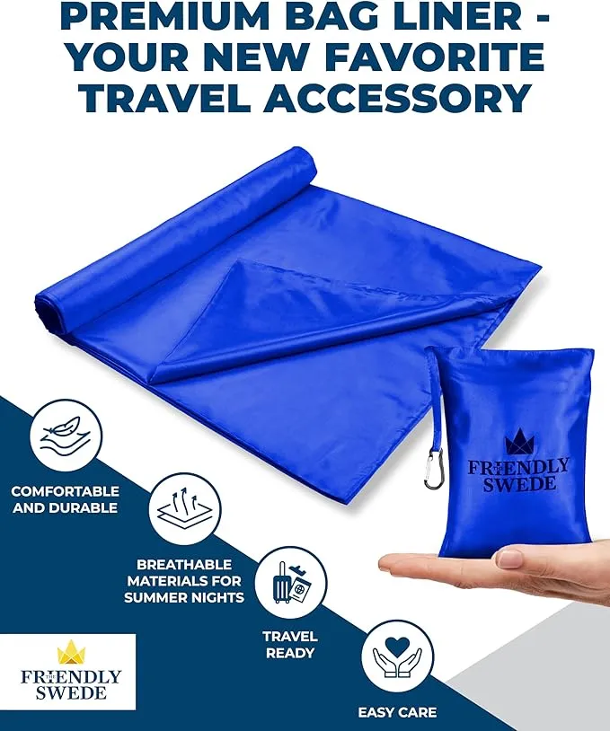 The Friendly Swede Sleeping Bag Liner Ultralight - Thin Travel Sheets for Hotel; Silky Feel Camping Sheets & Adult Sleep Sack for Backpacking and Hiking; Travel Sleeping Bag - Blue (Velcro)