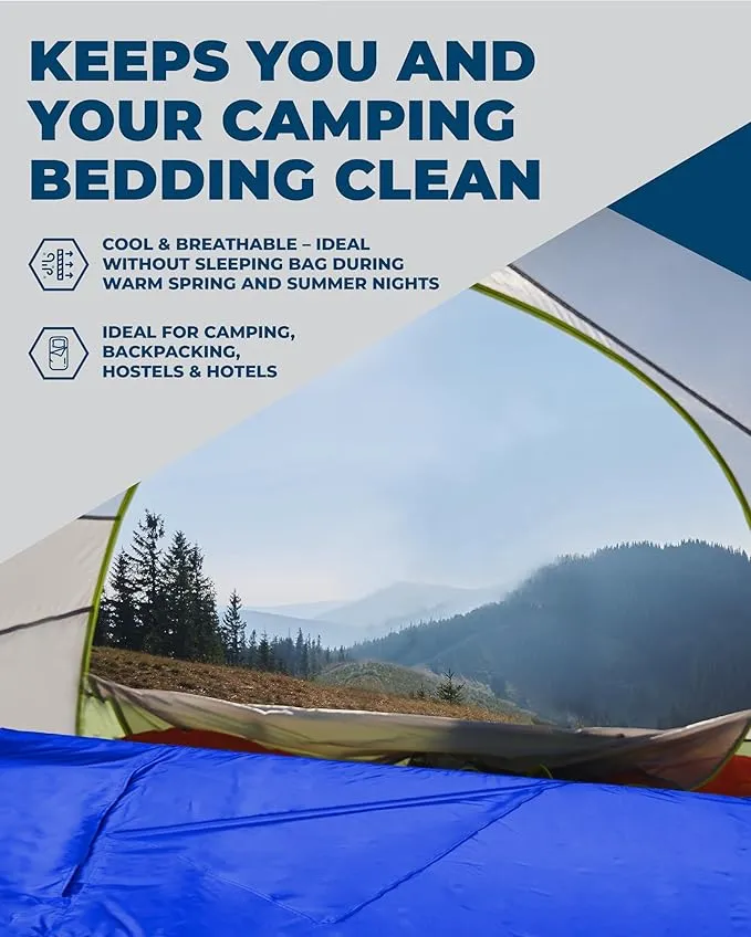The Friendly Swede Sleeping Bag Liner Ultralight - Thin Travel Sheets for Hotel; Silky Feel Camping Sheets & Adult Sleep Sack for Backpacking and Hiking; Travel Sleeping Bag - Blue (Velcro)