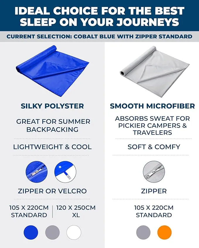 The Friendly Swede Sleeping Bag Liner Ultralight - Thin Travel Sheets for Hotel; Silky Feel Camping Sheets & Adult Sleep Sack for Backpacking and Hiking; Travel Sleeping Bag - Blue (Velcro)