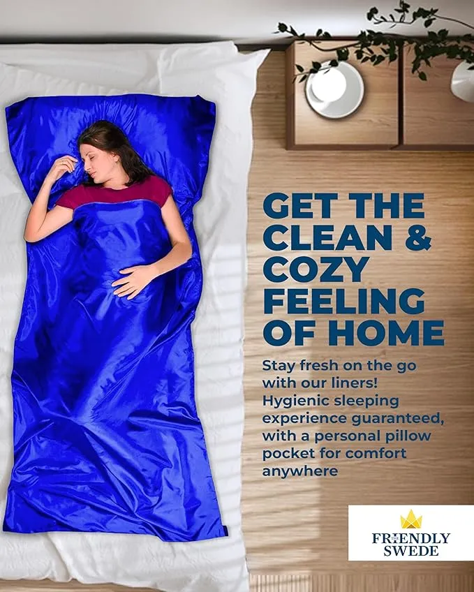 The Friendly Swede Sleeping Bag Liner Ultralight - Thin Travel Sheets for Hotel; Silky Feel Camping Sheets & Adult Sleep Sack for Backpacking and Hiking; Travel Sleeping Bag - Blue (Velcro)