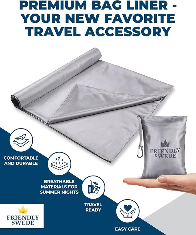 The Friendly Swede Sleeping Bag Liner Ultralight - Thin Travel Sheets for Hotel; Silky Feel Camping Sheets & Adult Sleep Sack for Backpacking and Hiking; Travel Sleeping Bag - Grey (Velcro)