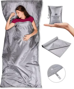 The Friendly Swede Sleeping Bag Liner Ultralight - Thin Travel Sheets for Hotel; Silky Feel Camping Sheets & Adult Sleep Sack for Backpacking and Hiking; Travel Sleeping Bag - Grey (Velcro)