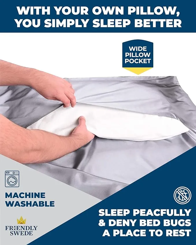 The Friendly Swede Sleeping Bag Liner Ultralight - Thin Travel Sheets for Hotel; Silky Feel Camping Sheets & Adult Sleep Sack for Backpacking and Hiking; Travel Sleeping Bag - Grey (Velcro)