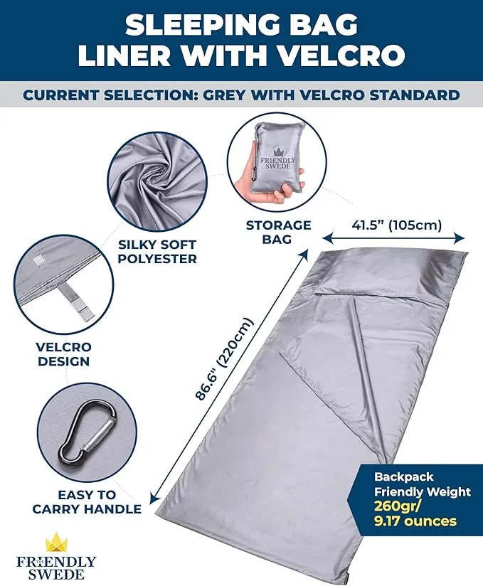 The Friendly Swede Sleeping Bag Liner Ultralight - Thin Travel Sheets for Hotel; Silky Feel Camping Sheets & Adult Sleep Sack for Backpacking and Hiking; Travel Sleeping Bag - Grey (Velcro)
