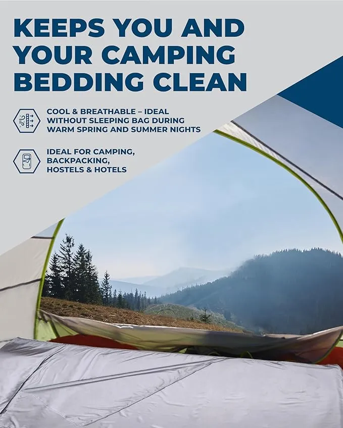 The Friendly Swede Sleeping Bag Liner Ultralight - Thin Travel Sheets for Hotel; Silky Feel Camping Sheets & Adult Sleep Sack for Backpacking and Hiking; Travel Sleeping Bag - Grey (Velcro)