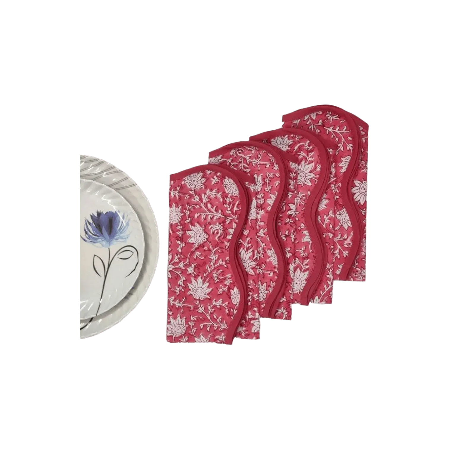 Traditional Pink Floral Block Printed Scalloped Cotton Napkins