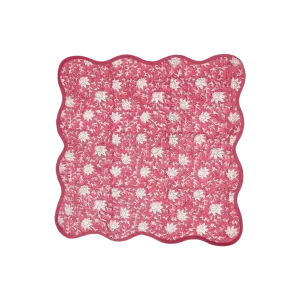 Traditional Pink Floral Block Printed Scalloped Cotton Napkins