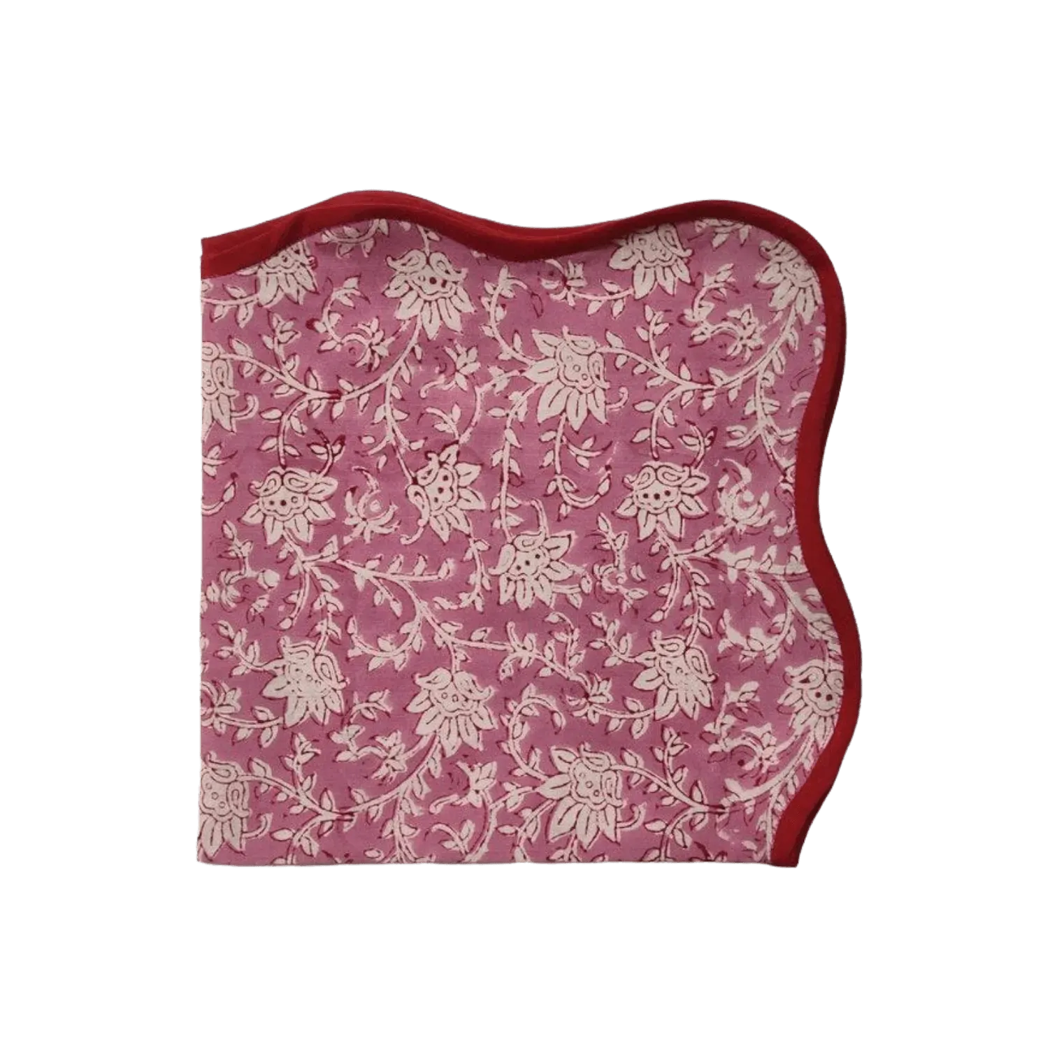 Traditional Pink Floral Block Printed Scalloped Cotton Napkins