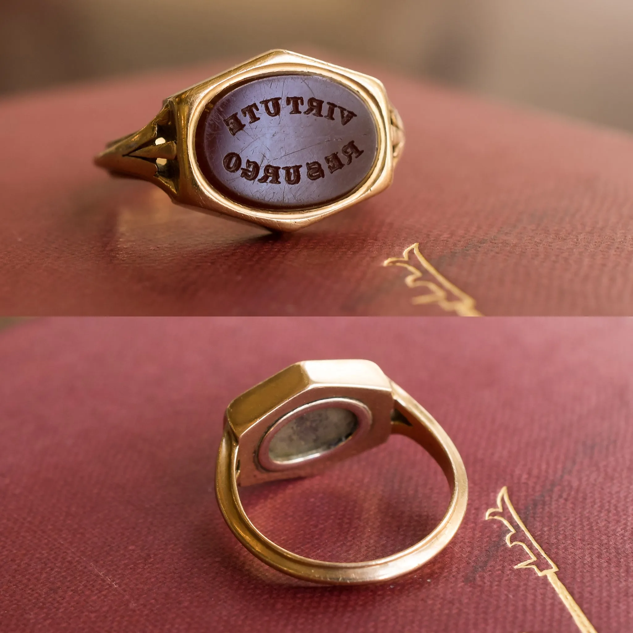Victorian VIRTUTE RESURGO Intaglio Signet Ring