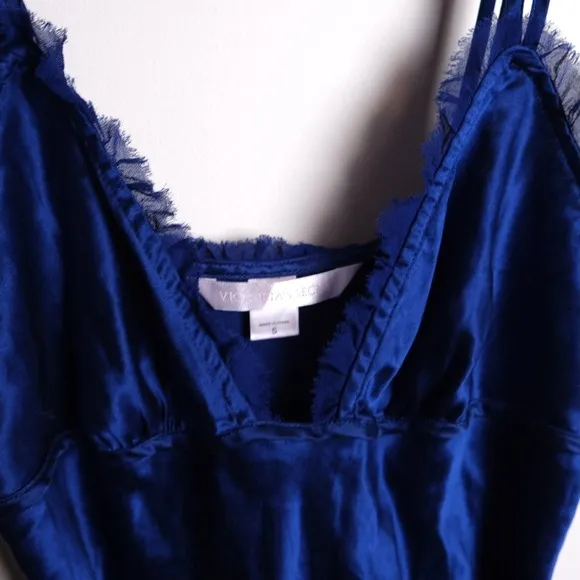 Victoria's Secret Silk Size Small Royal Blue Lace Trim Nightie Short Sleeveless