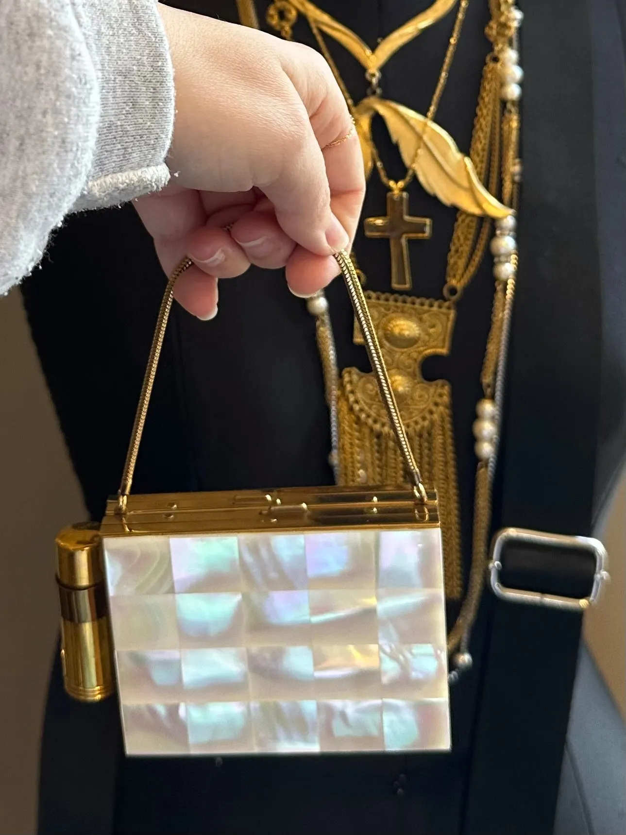 Vintage 1950s Midcentury Minaudiere Mother of Pearl Gold Tone Double Sided Compact Lipstick, Mirror, Powder, & Cigarette Purse Wristlet