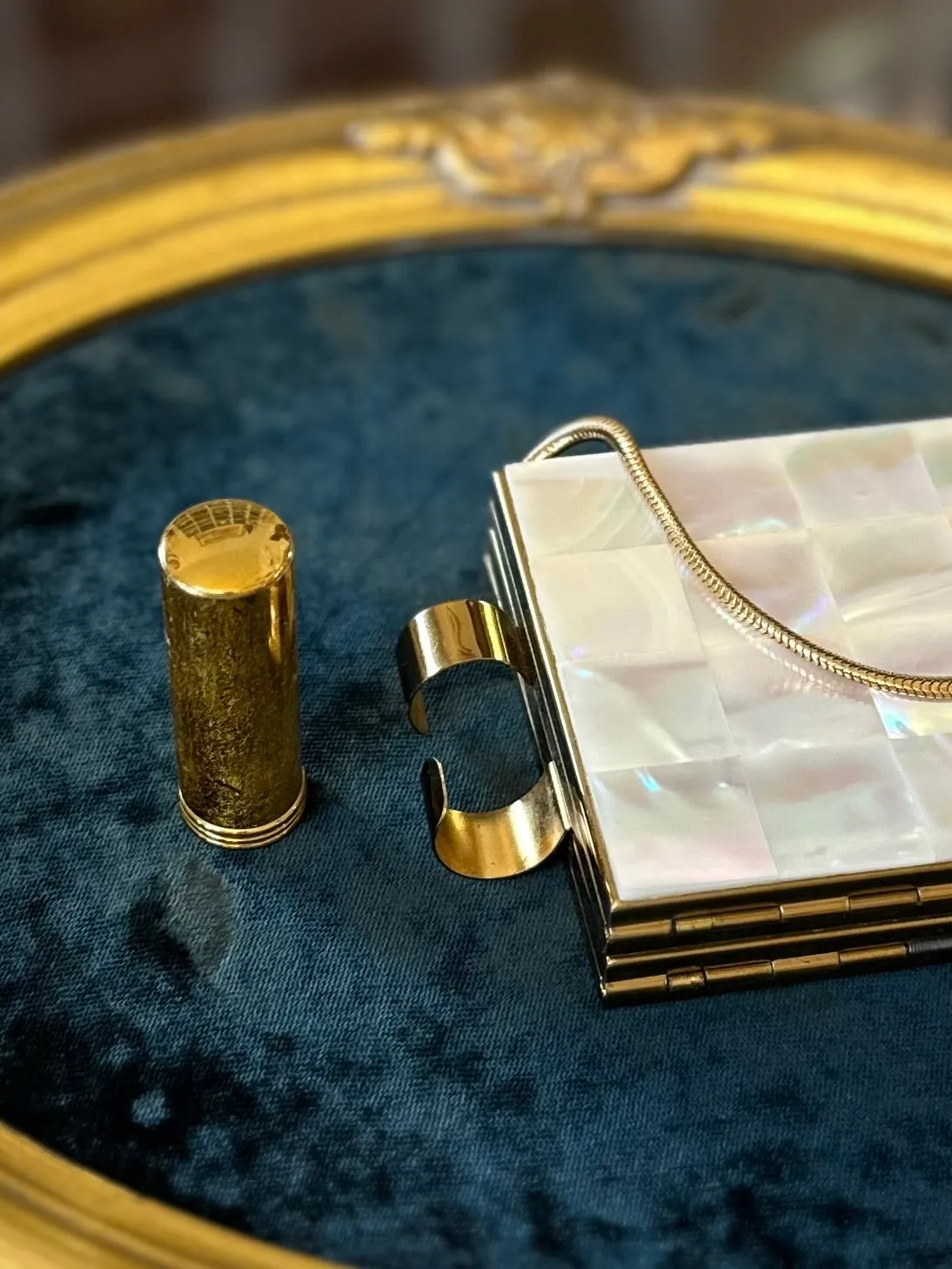 Vintage 1950s Midcentury Minaudiere Mother of Pearl Gold Tone Double Sided Compact Lipstick, Mirror, Powder, & Cigarette Purse Wristlet