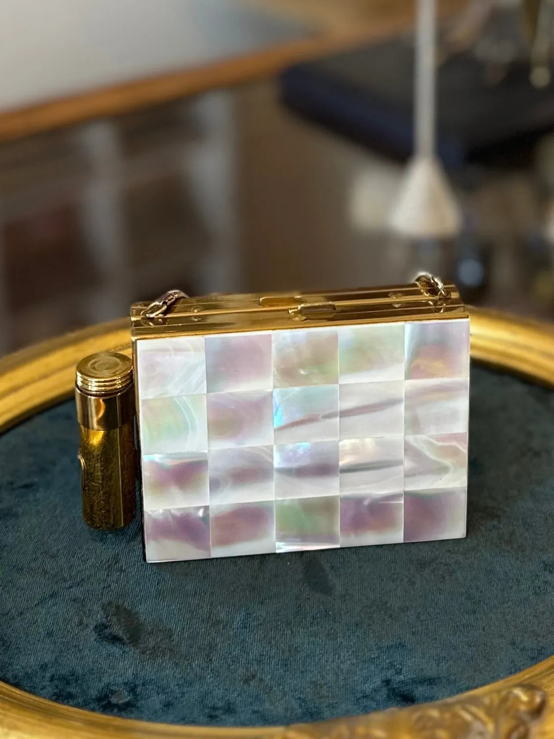 Vintage 1950s Midcentury Minaudiere Mother of Pearl Gold Tone Double Sided Compact Lipstick, Mirror, Powder, & Cigarette Purse Wristlet