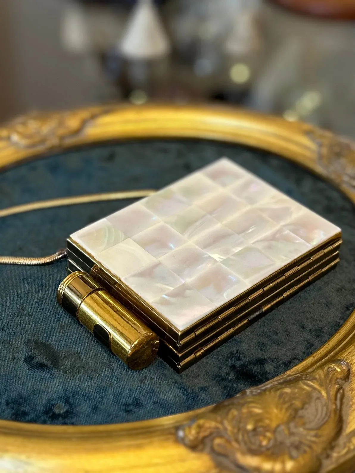 Vintage 1950s Midcentury Minaudiere Mother of Pearl Gold Tone Double Sided Compact Lipstick, Mirror, Powder, & Cigarette Purse Wristlet
