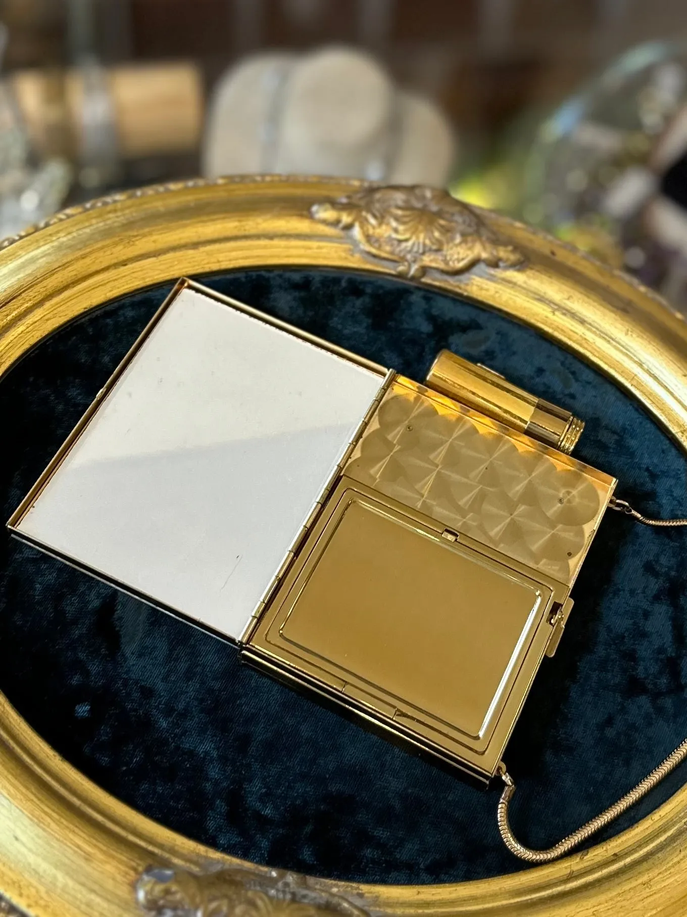 Vintage 1950s Midcentury Minaudiere Mother of Pearl Gold Tone Double Sided Compact Lipstick, Mirror, Powder, & Cigarette Purse Wristlet