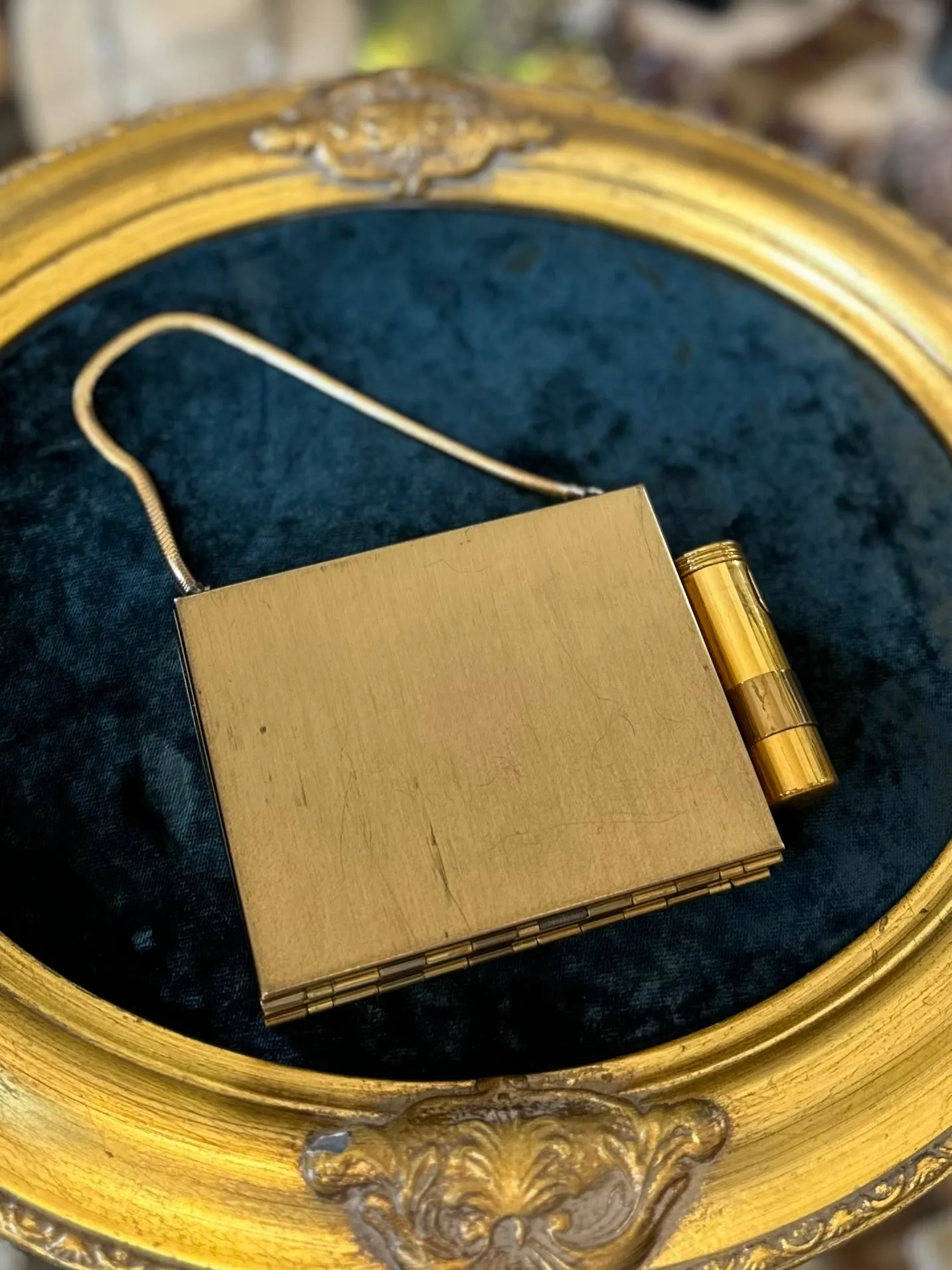 Vintage 1950s Midcentury Minaudiere Mother of Pearl Gold Tone Double Sided Compact Lipstick, Mirror, Powder, & Cigarette Purse Wristlet
